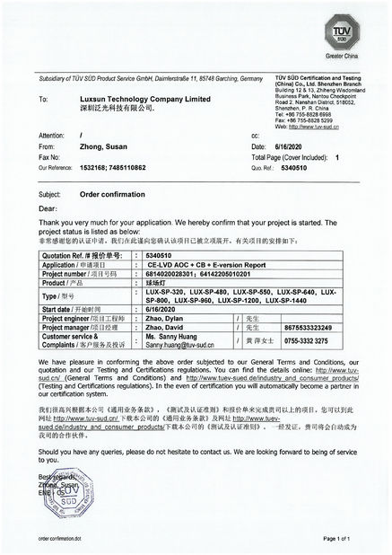 China Luxsun lighting Co.,Ltd certificaciones