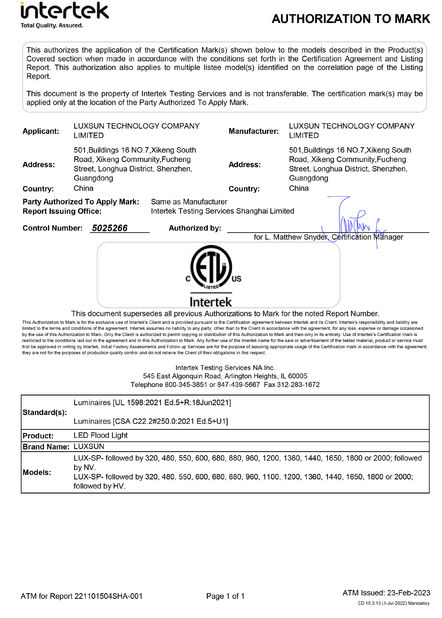 China Luxsun lighting Co.,Ltd certificaciones